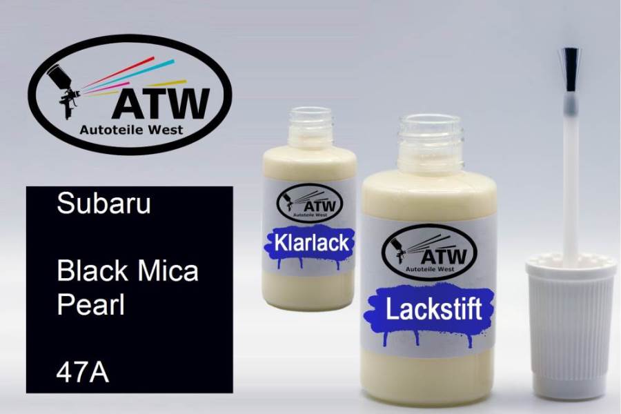 Subaru, Black Mica Pearl, 47A: 20ml Lackstift + 20ml Klarlack - Set, von ATW Autoteile West.